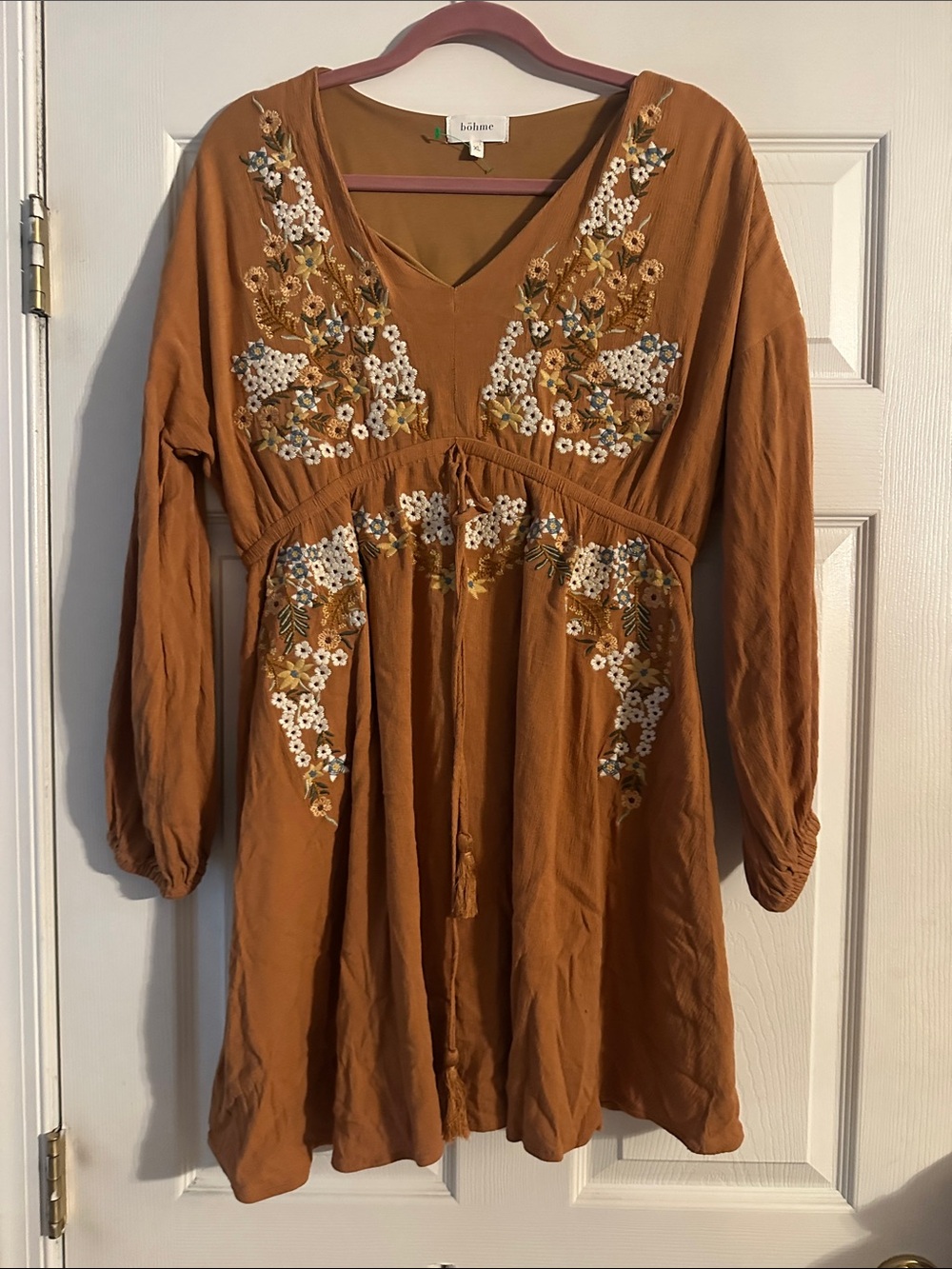 bohme Rust Brown Embroidered Floral V-Neck Dress